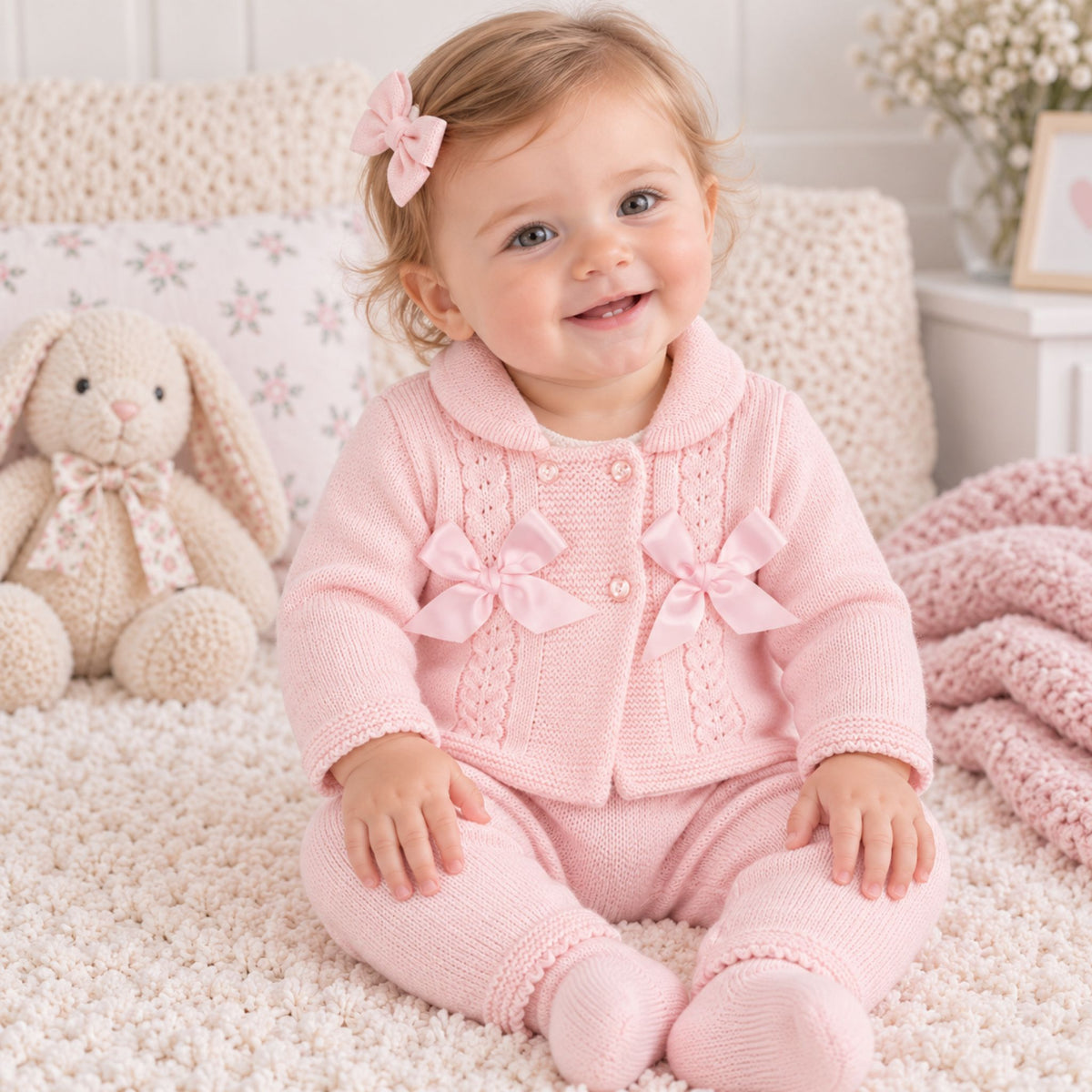 A baby girl wearing a pink knit cardigan and matching footed pants with bow details, sitting on a white shag rug next to a stuffed bunny.