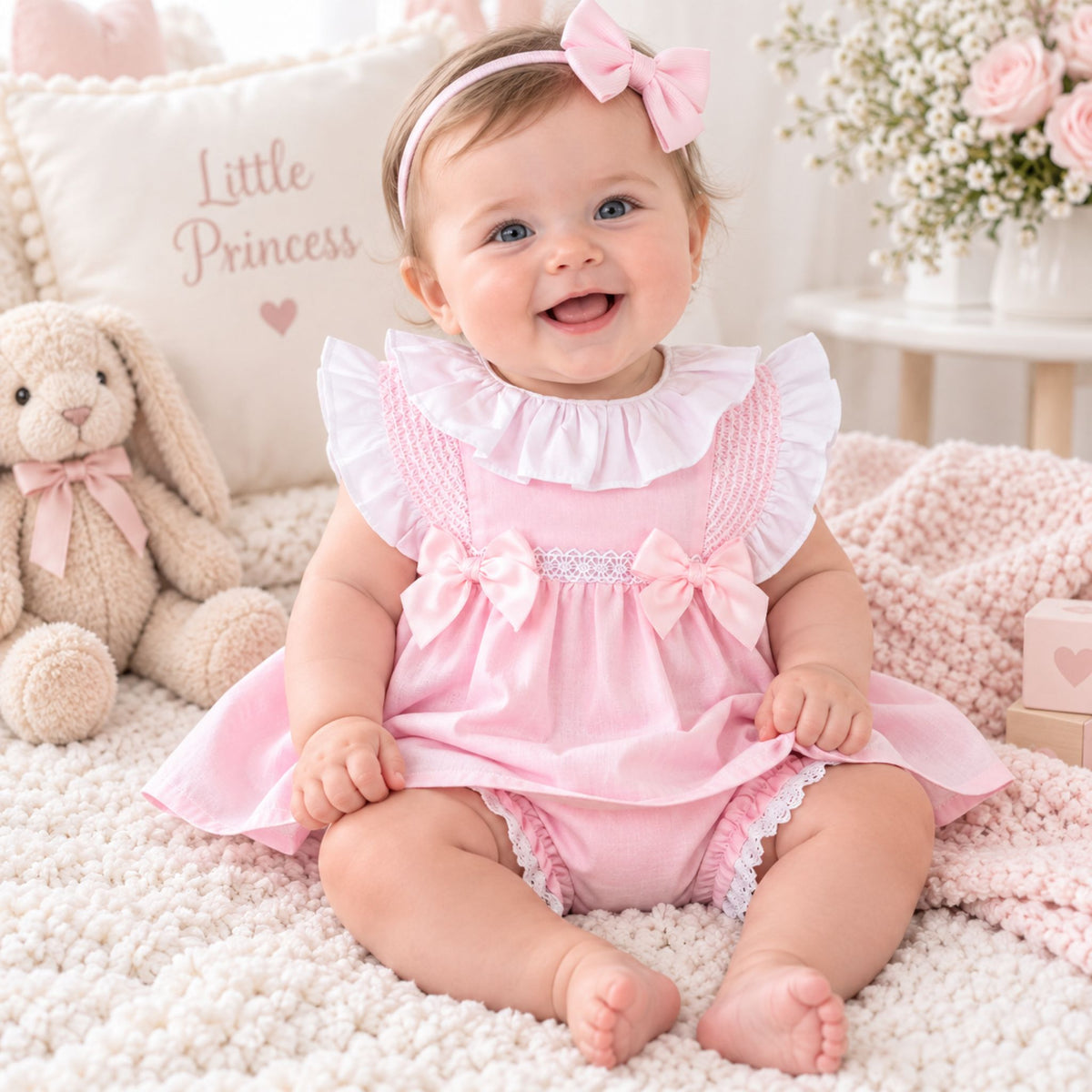 A baby girl sitting on a fluffy cream rug wearing a pink and white ruffled romper dress with matching pink bow headband. The background features a plush bunny toy, a decorative pillow that reads 'Little Princess', and soft pink flowers.