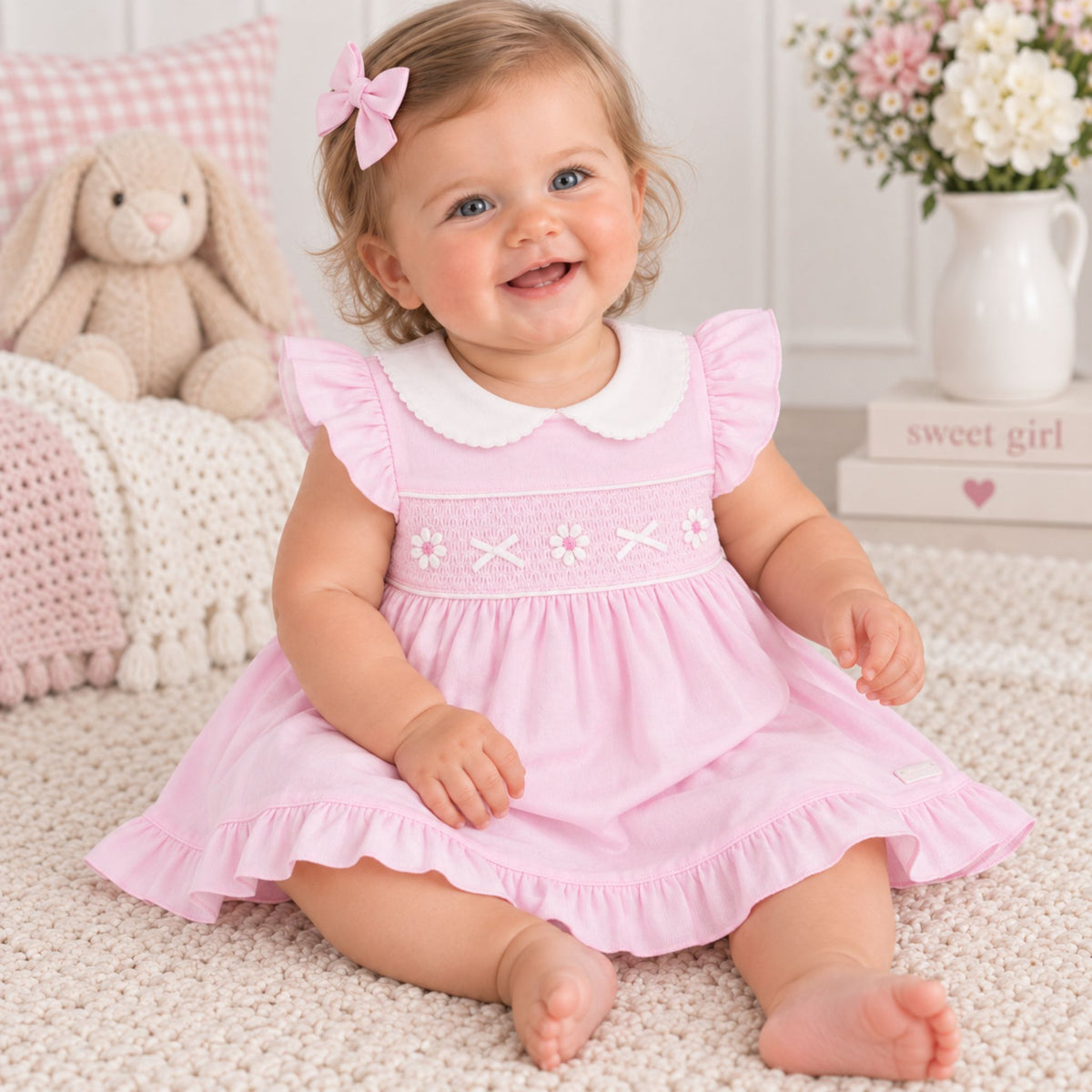 A baby girl sitting on a cream carpet wearing a light pink smocked dress with a white Peter Pan collar and a pink bow in her hair, in a cozy nursery setting.