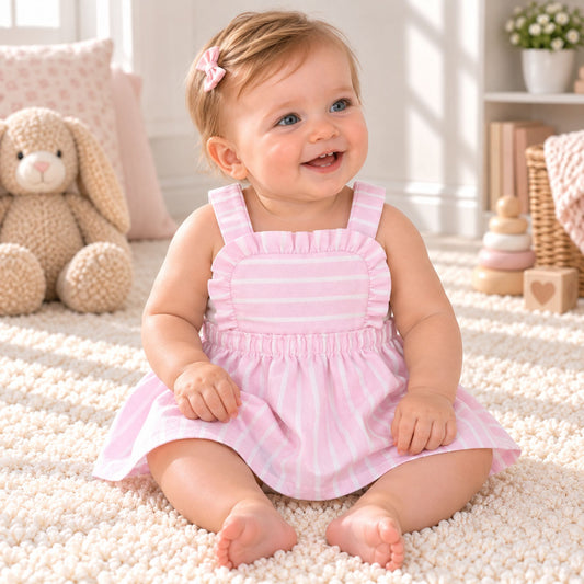 A baby girl sitting on a fluffy cream rug, wearing a pink and white striped sleeveless romper dress with ruffled straps. The background is a soft, warm, and cozy room setting with a plush teddy bear, toys, and pillows.