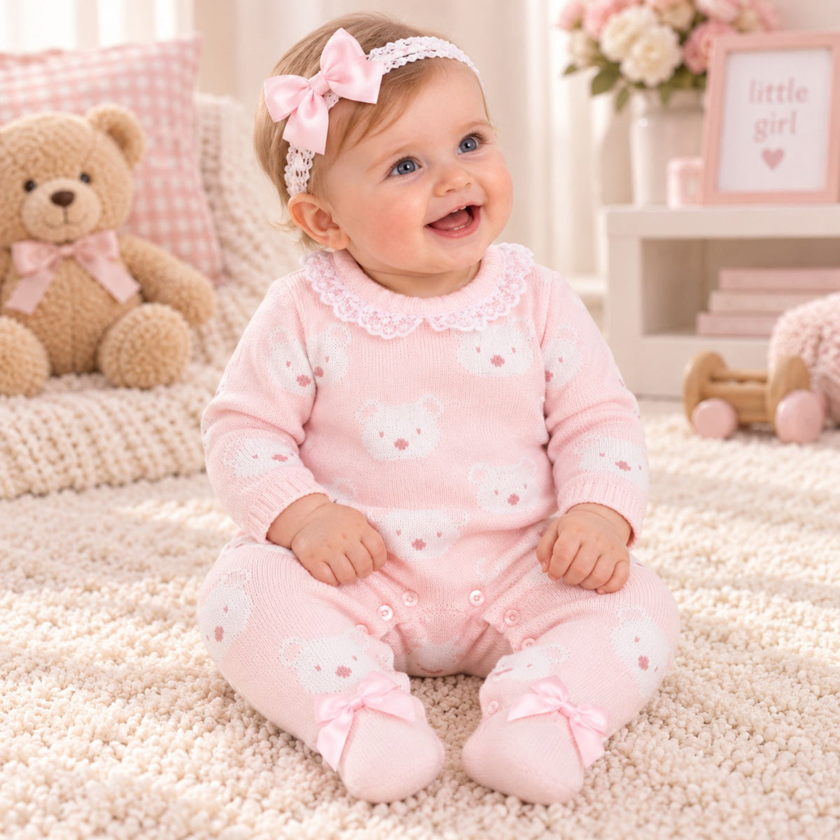 A baby girl sitting on a cream rug wearing a pink footed romper with teddy bear prints, a matching pink bow headband, and a pink gingham blanket pillow in the background.