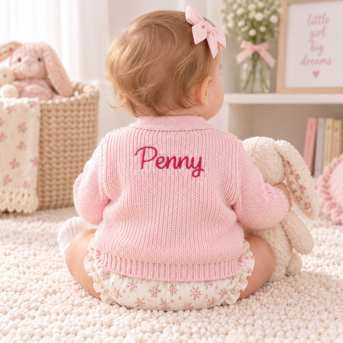 A baby sitting on a cream carpet in a nursery, viewed from behind, wearing a pink knit cardigan with the name 'Penny' embroidered in pink script on the back. The baby is also wearing white ruffled diaper cover pants with a pink floral pattern and has a pink bow in her hair.