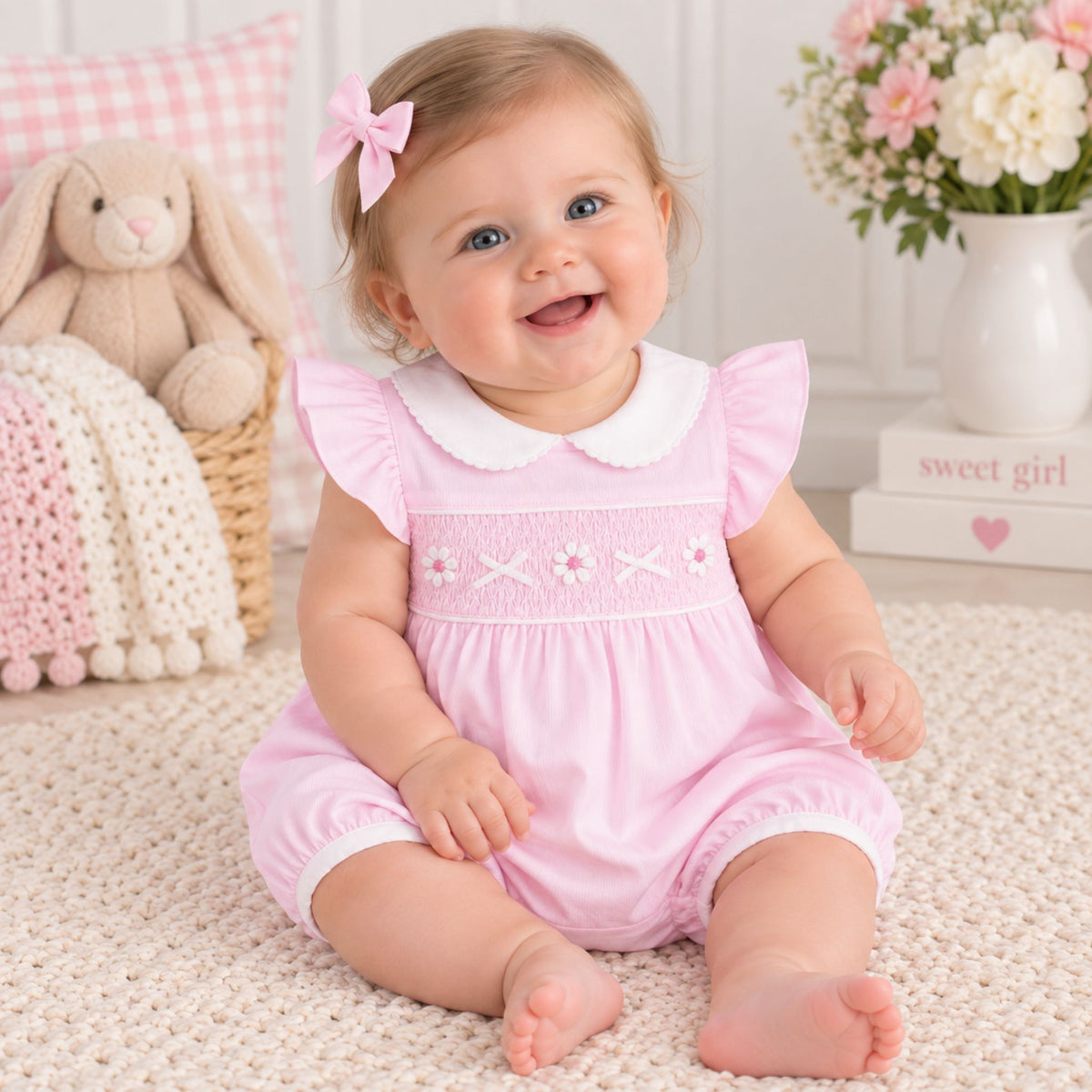 A smiling baby girl wearing a light pink smocked romper with a white Peter Pan collar and a matching pink bow in her hair, sitting on a cream textured rug in a nursery setting.