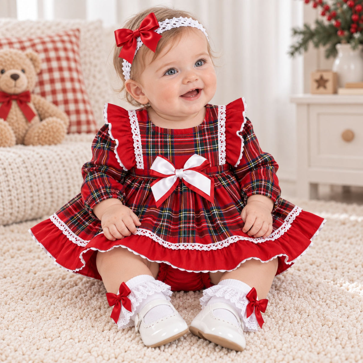 A baby girl sitting on a cream carpet wearing a red and green plaid long-sleeve dress with white lace trim, a red bow headband, and white lace booties with red bows. A teddy bear and a sofa are in the background.