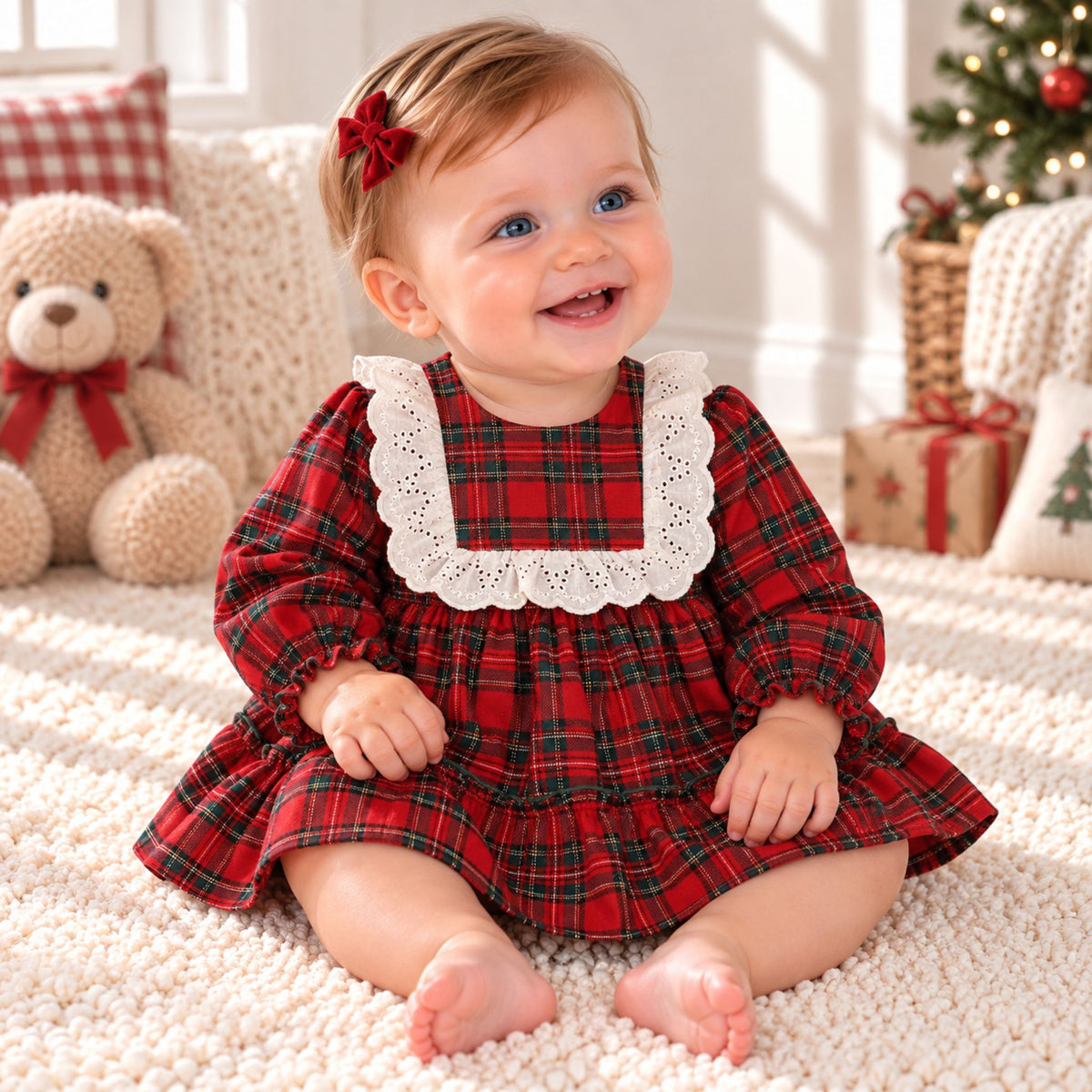 A baby girl sitting on a white textured rug, wearing a red and green plaid long-sleeve dress with a white lace collar. The background features a cozy holiday setting with a teddy bear, Christmas tree, and wrapped gifts.