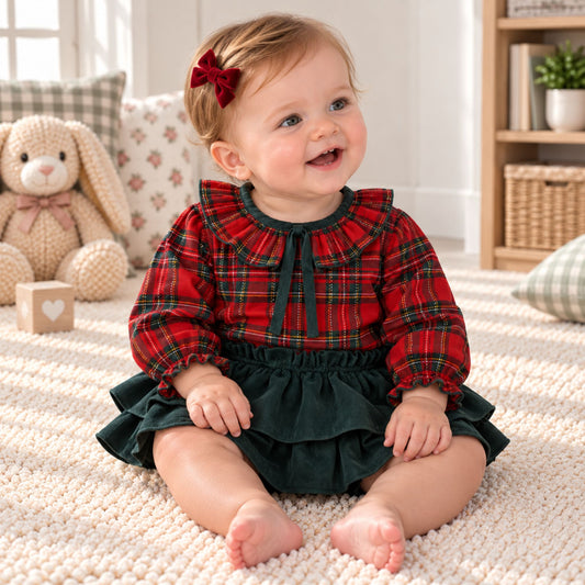 A baby girl sitting on a cream knit rug in a cozy nursery, wearing a red and green plaid long-sleeve top with a dark green ruffled skirt and a red bow in her hair.