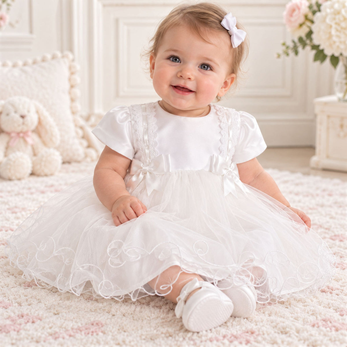 A baby girl sitting on a fluffy cream rug wearing a white short-sleeve tulle dress with lace details, white baby shoes, and a white hair bow, in a bright, classic nursery setting.