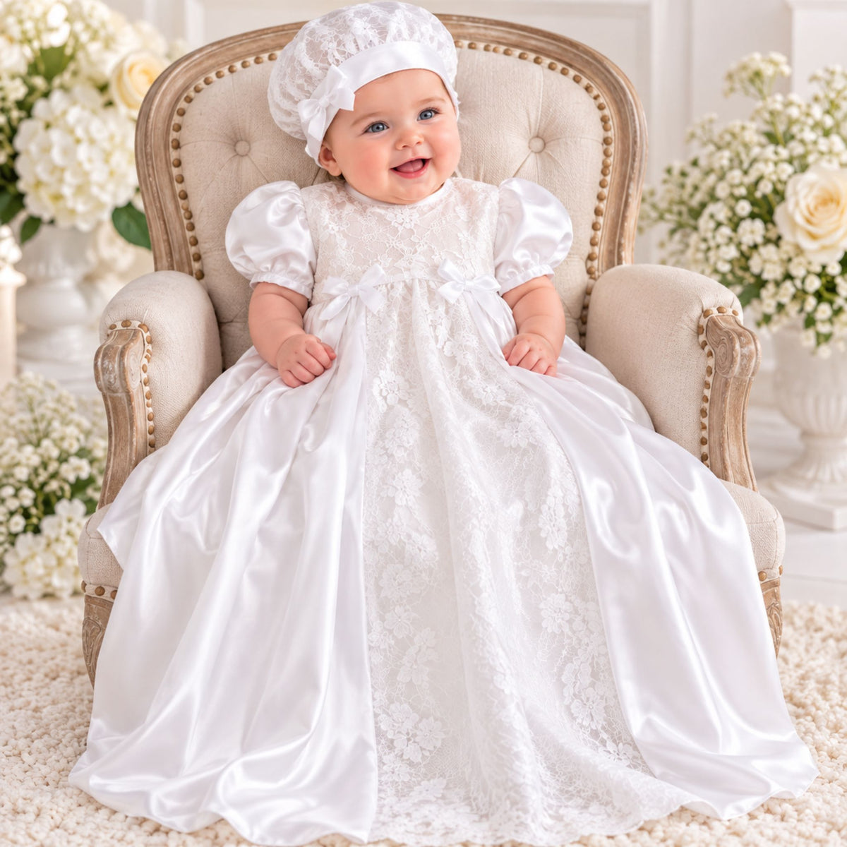 A baby wearing a white satin and lace christening gown with a matching white bonnet, sitting in a beige tufted armchair surrounded by white flowers.