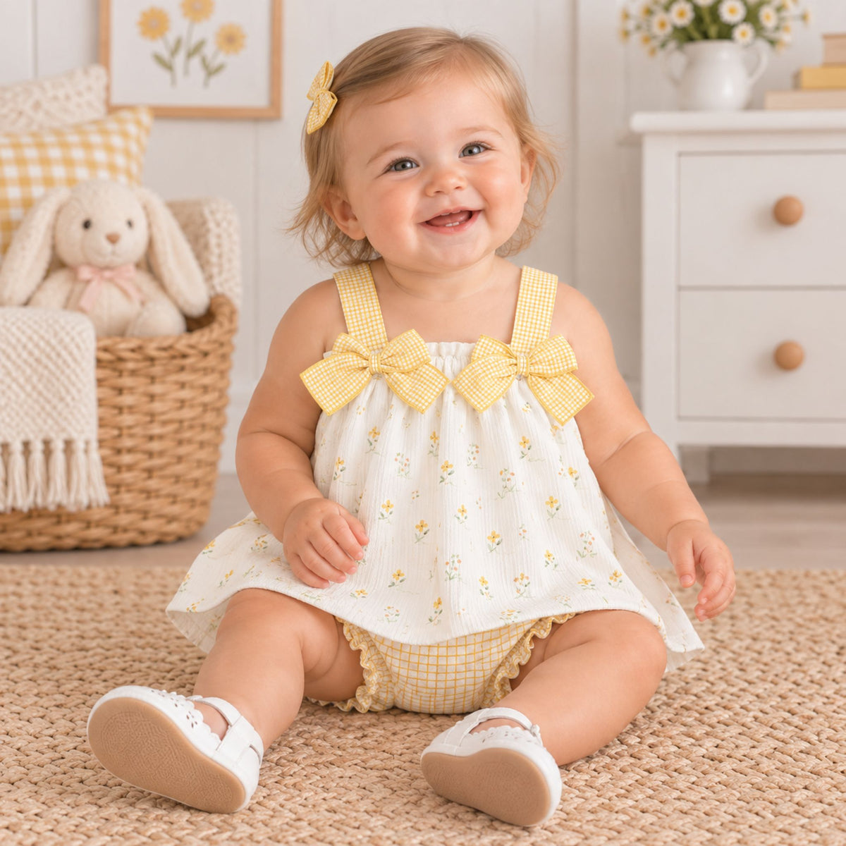 A smiling toddler girl sitting on a woven rug wearing a white sleeveless dress with yellow gingham bow straps and tiny yellow floral print, paired with matching yellow gingham diaper cover and white baby shoes.