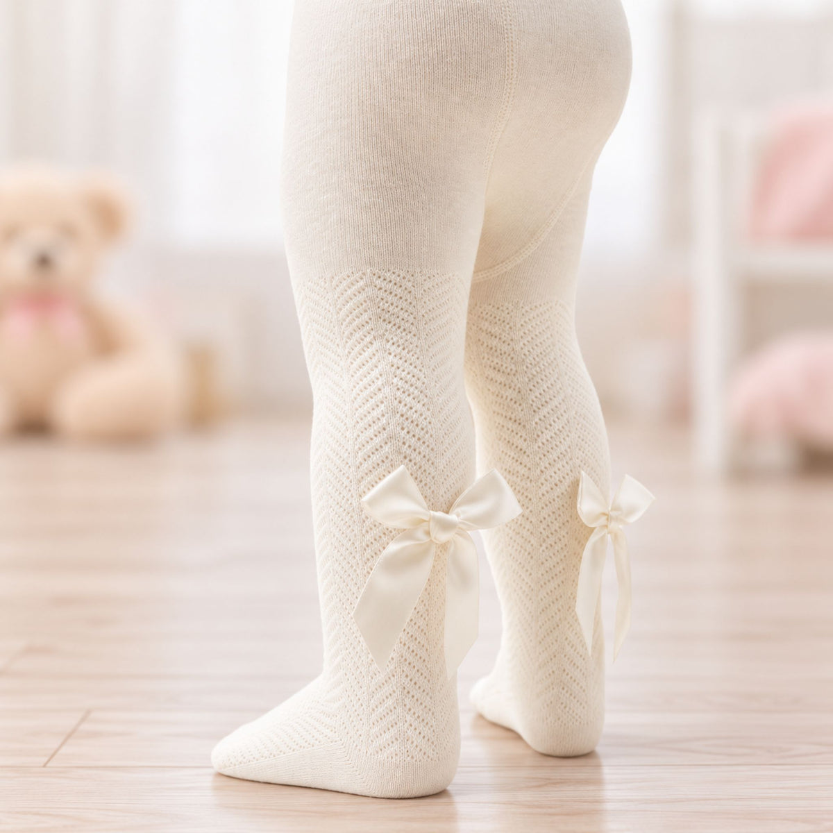 Baby Tights - Cream With Satin Bow