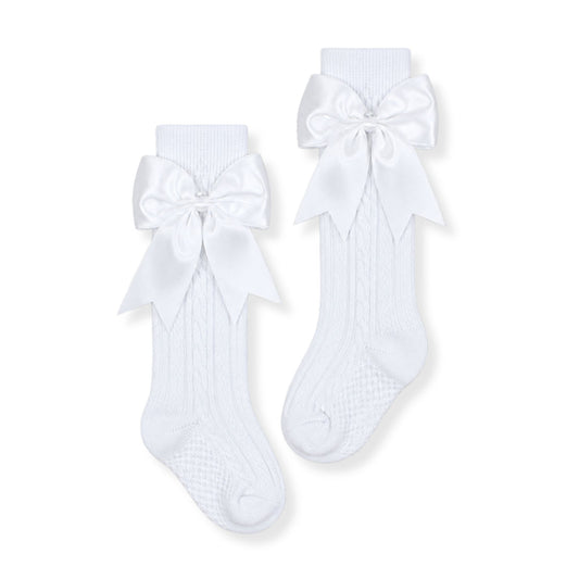 white knee high baby girl socks with satin bows