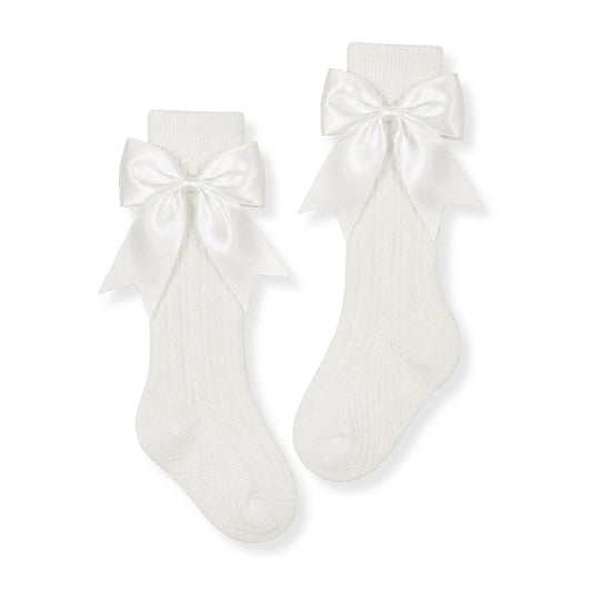 baby girl off white knee high socks with bow