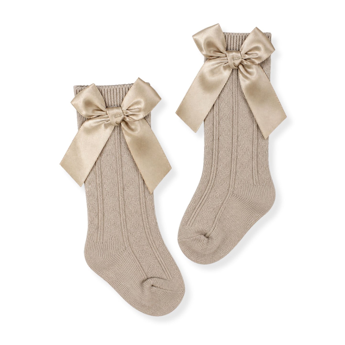 beige knee high baby girl socks with bows