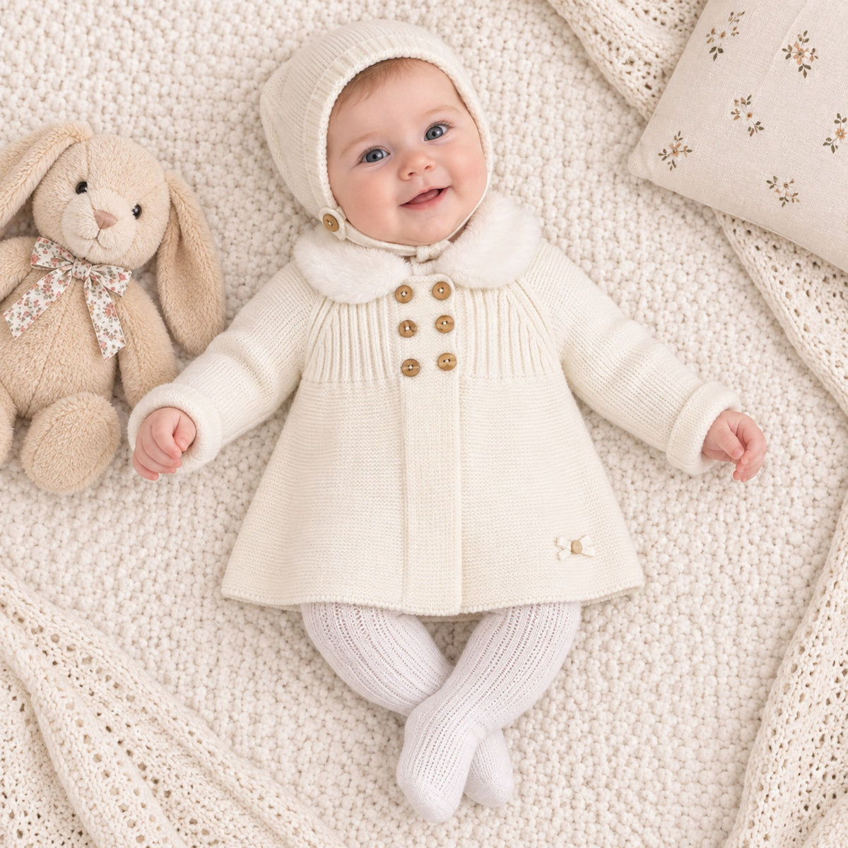 baby girl in cream knitted coat and bonnet