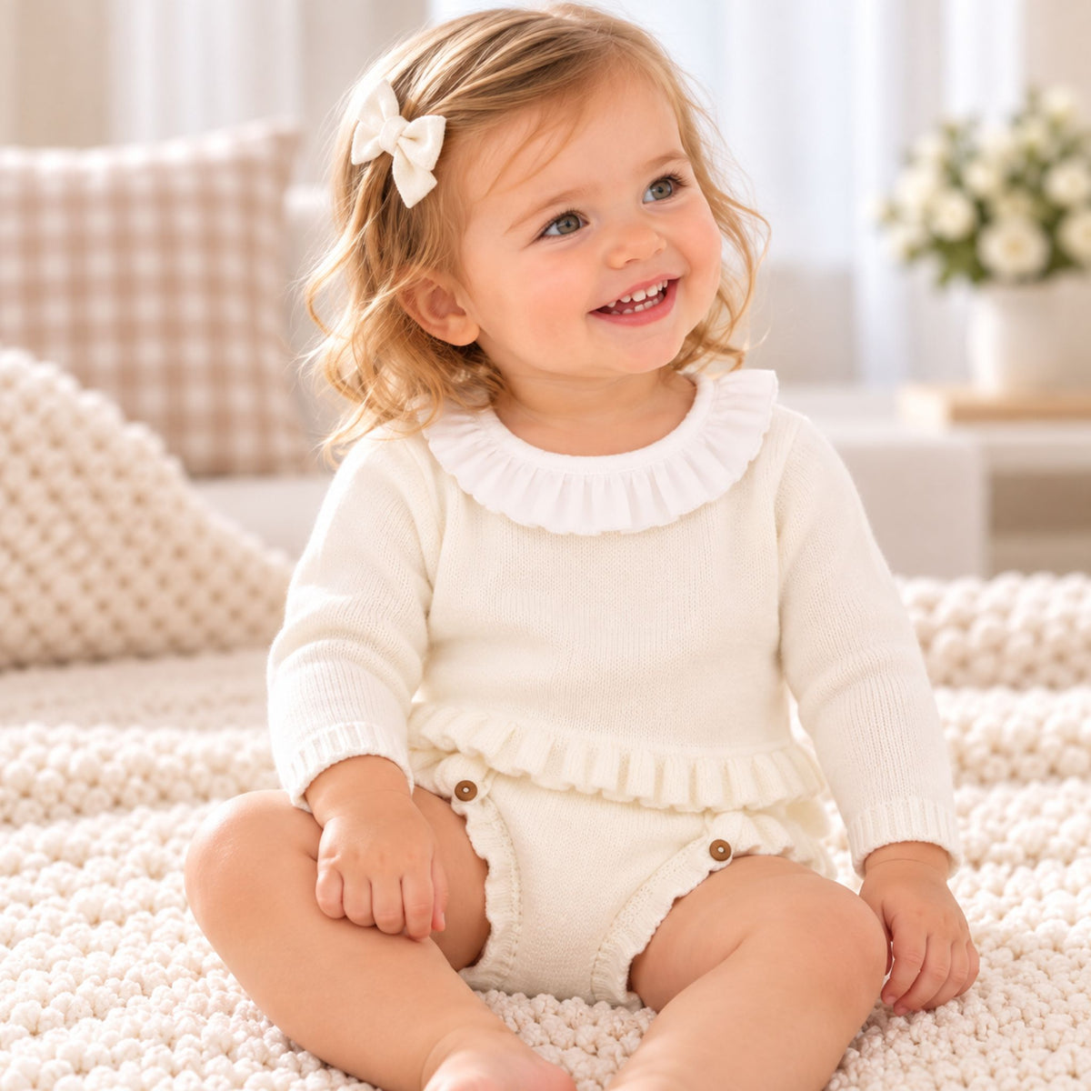 A smiling toddler girl sitting on a chunky knit blanket in a bright nursery, wearing a cream ribbed long-sleeve romper with a ruffled collar and matching ruffled waist detail.
