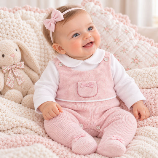 baby girl pink knitted dungaree outfit