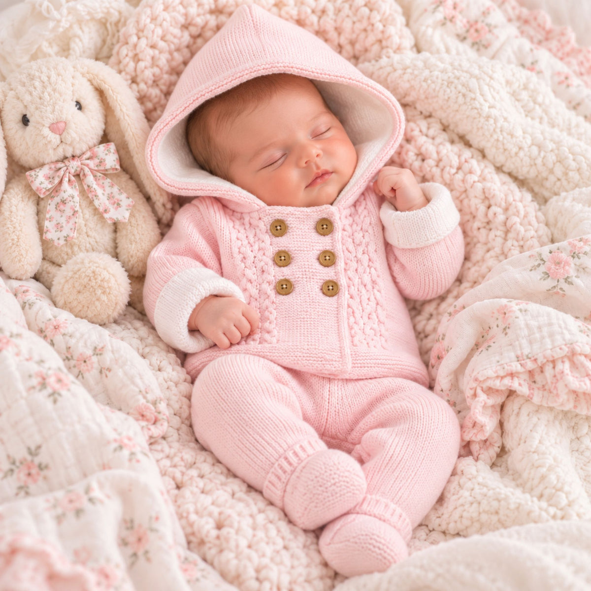 A sleeping newborn baby wearing a pink knitted hooded jumpsuit with white cuffs and brown buttons, lying on a soft cream textured blanket with a plush bunny toy beside them.
