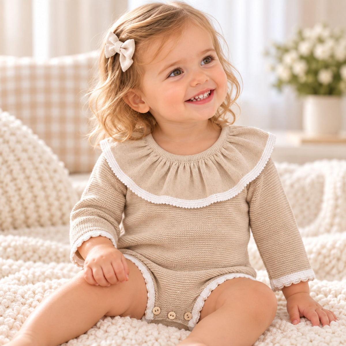 A smiling toddler girl with blonde hair in a white bow sits on a textured cream blanket. She is wearing a beige knit romper with a large white ruffled collar and white trim.