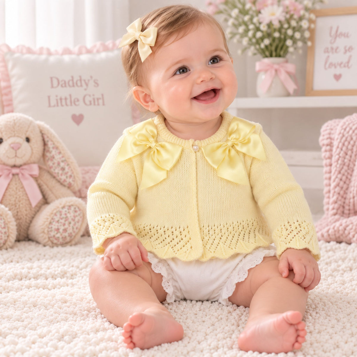 baby girl with lemon cardigan with bows