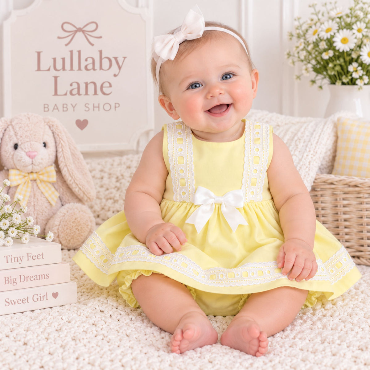 A baby girl sitting on a white textured blanket, wearing a pale yellow sleeveless dress with white lace trim and a white bow headband. The background features a plush bunny, a sign reading 'Lullaby Lane Baby Shop', and a basket of daisies.