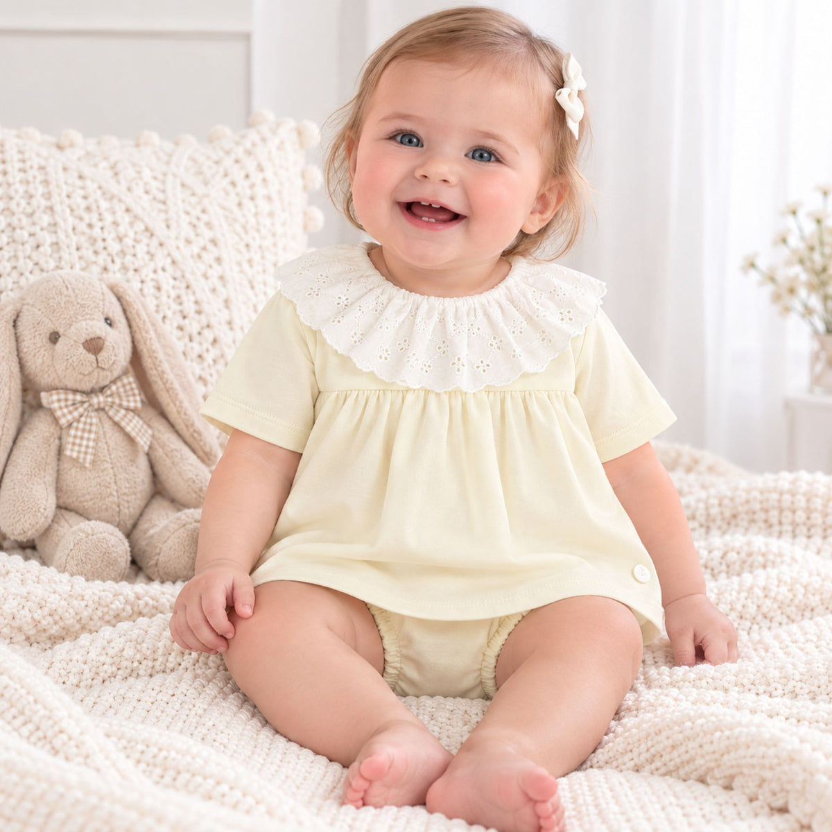 A smiling baby girl sitting on a cream knit blanket, wearing a pale yellow short-sleeve romper with a white eyelet ruffled collar. A beige plush bunny toy is visible to her left.
