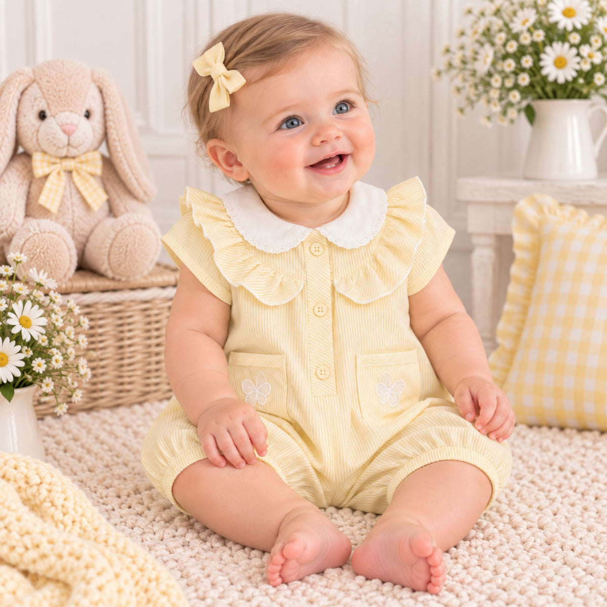 Amore Baby Girls Yellow Stripe Romper with Butterfly Pockets