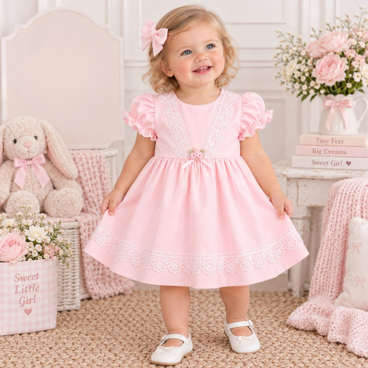 A toddler girl stands in a decorated nursery wearing a light pink dress with ruffled sleeves, white lace trim, and a small bow at the neckline. She has a matching pink bow in her hair and white Mary Jane shoes.