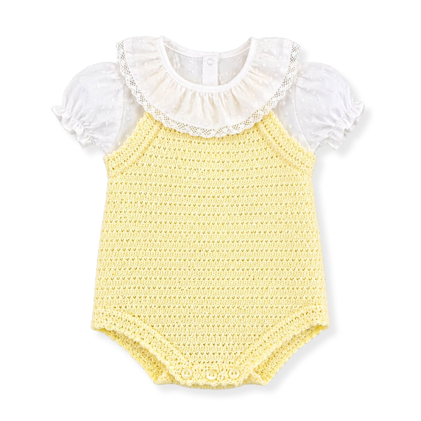 baby girl two piece set, knitted lemon romper and blouse with frilly collar