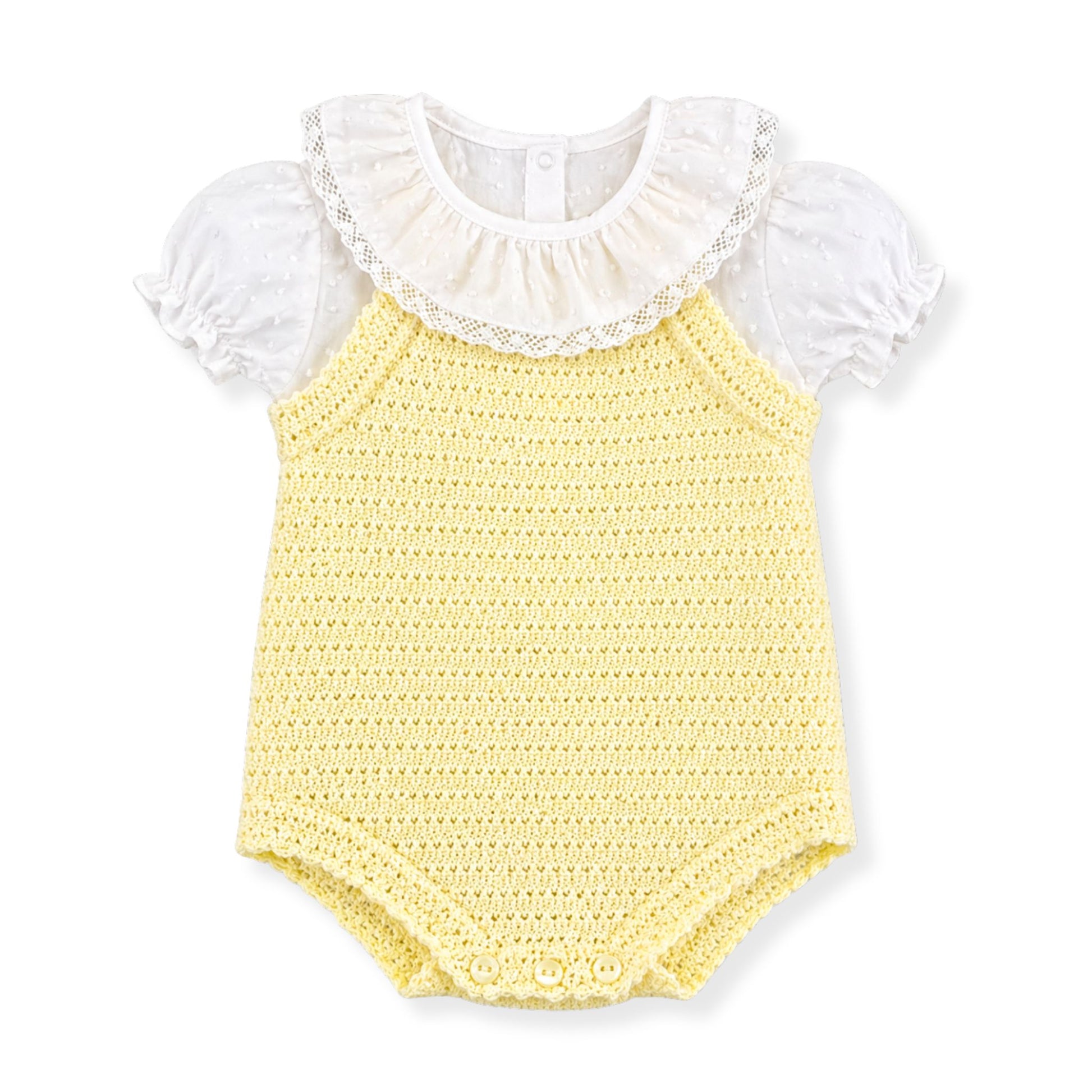 baby girl two piece set, knitted lemon romper and blouse with frilly collar