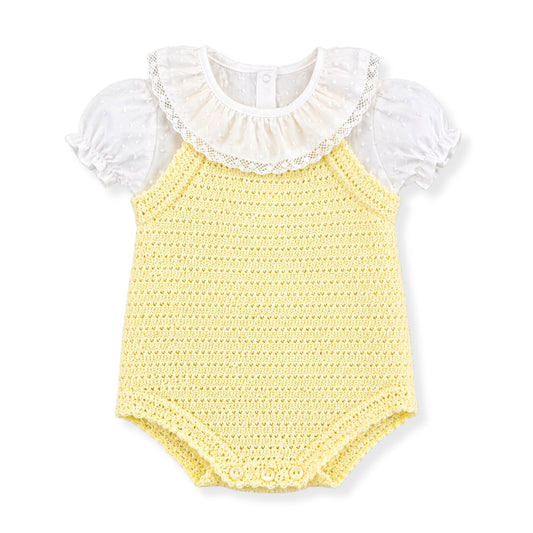 baby girl two piece set, knitted lemon romper and blouse with frilly collar