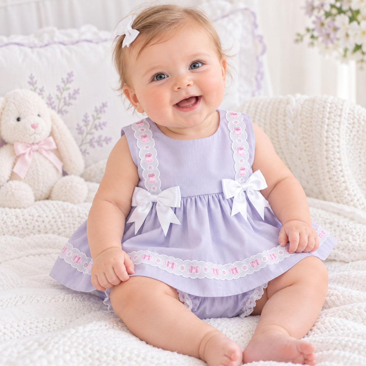 baby girl lilac dress with bows and matching bloomers outfit