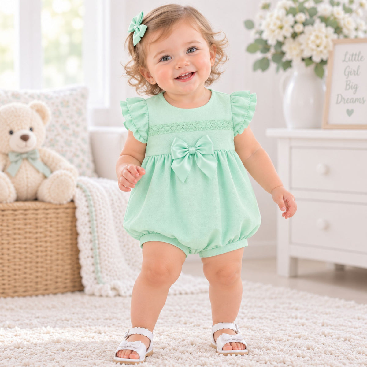 A toddler girl wearing a mint green bubble romper with ruffled sleeves and a bow at the waist, standing on a white rug in a bright nursery setting.