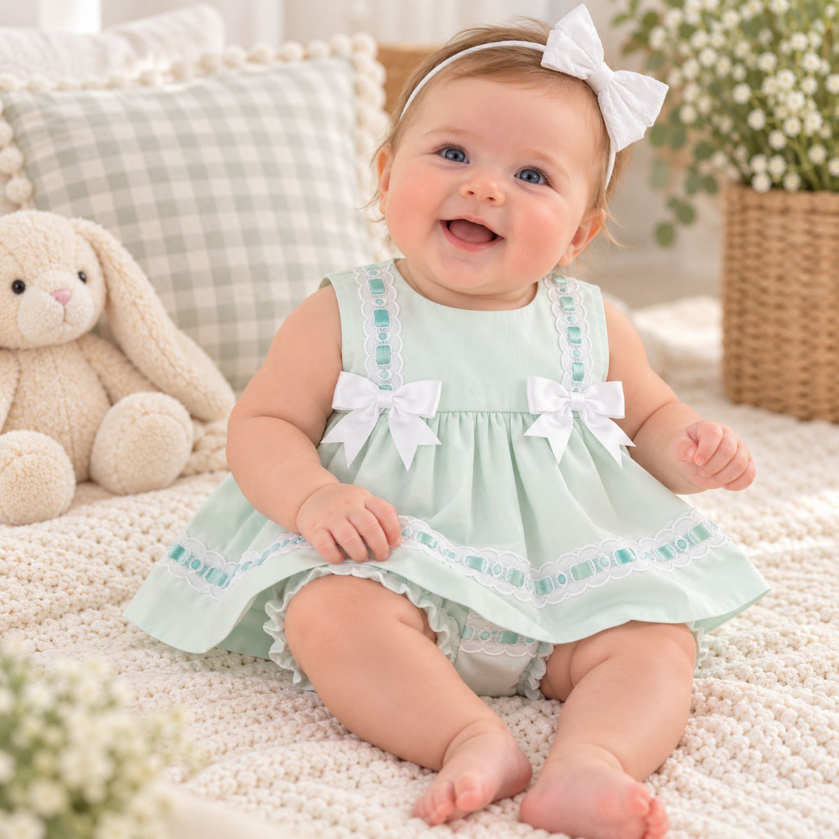 baby girl mint dress and bloomers outfit