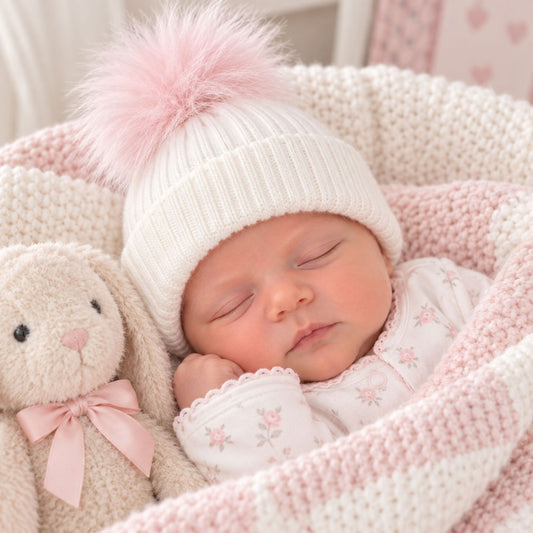 A sleeping newborn baby wearing a white ribbed knit beanie with a fluffy pink pom-pom, nestled in a pink and white striped knit blanket next to a beige plush bunny toy.