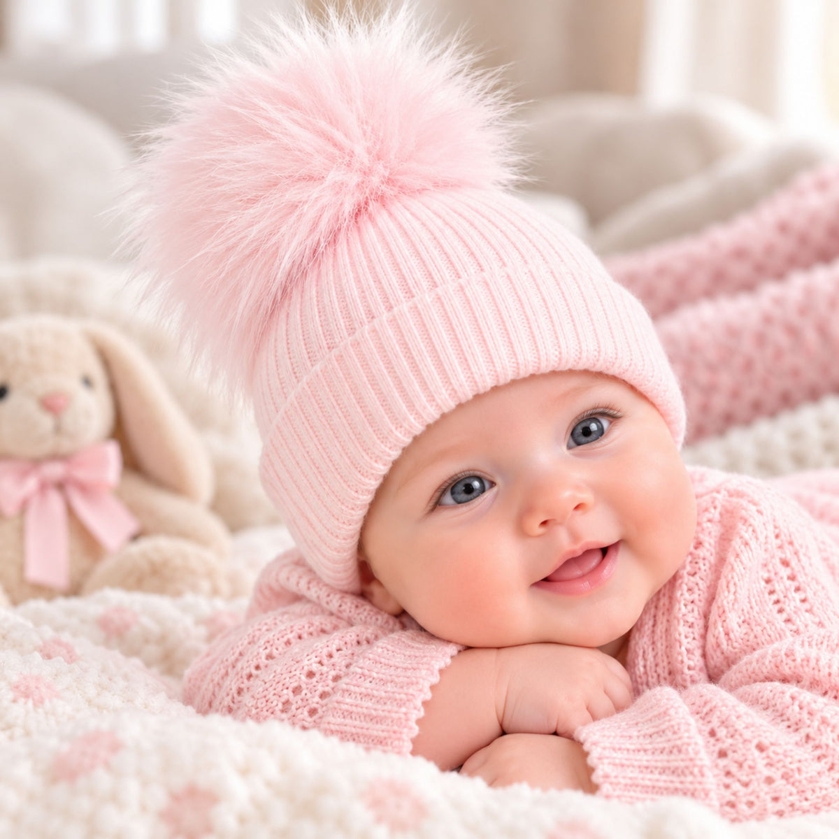 A smiling baby wearing a light pink ribbed knit beanie with a large fluffy pom-pom and a matching pink knit outfit, lying on a soft blanket next to a stuffed bunny.