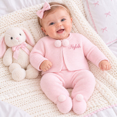 Personalised Dandelion Baby Girls Pink Knitted Two Piece Pram Suit