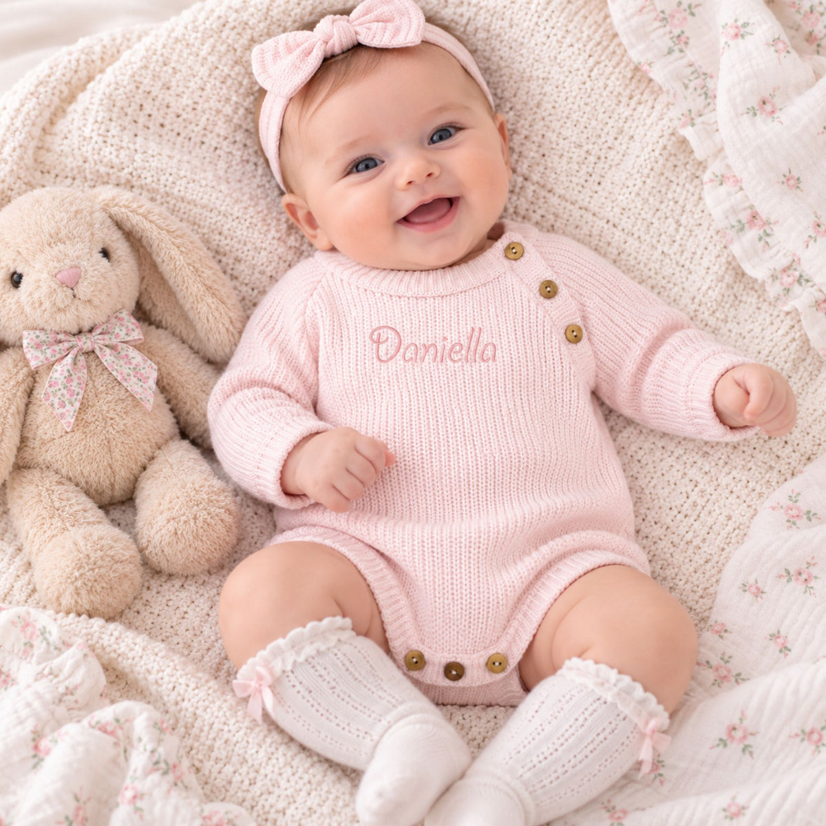bay girl knitted personalised romper