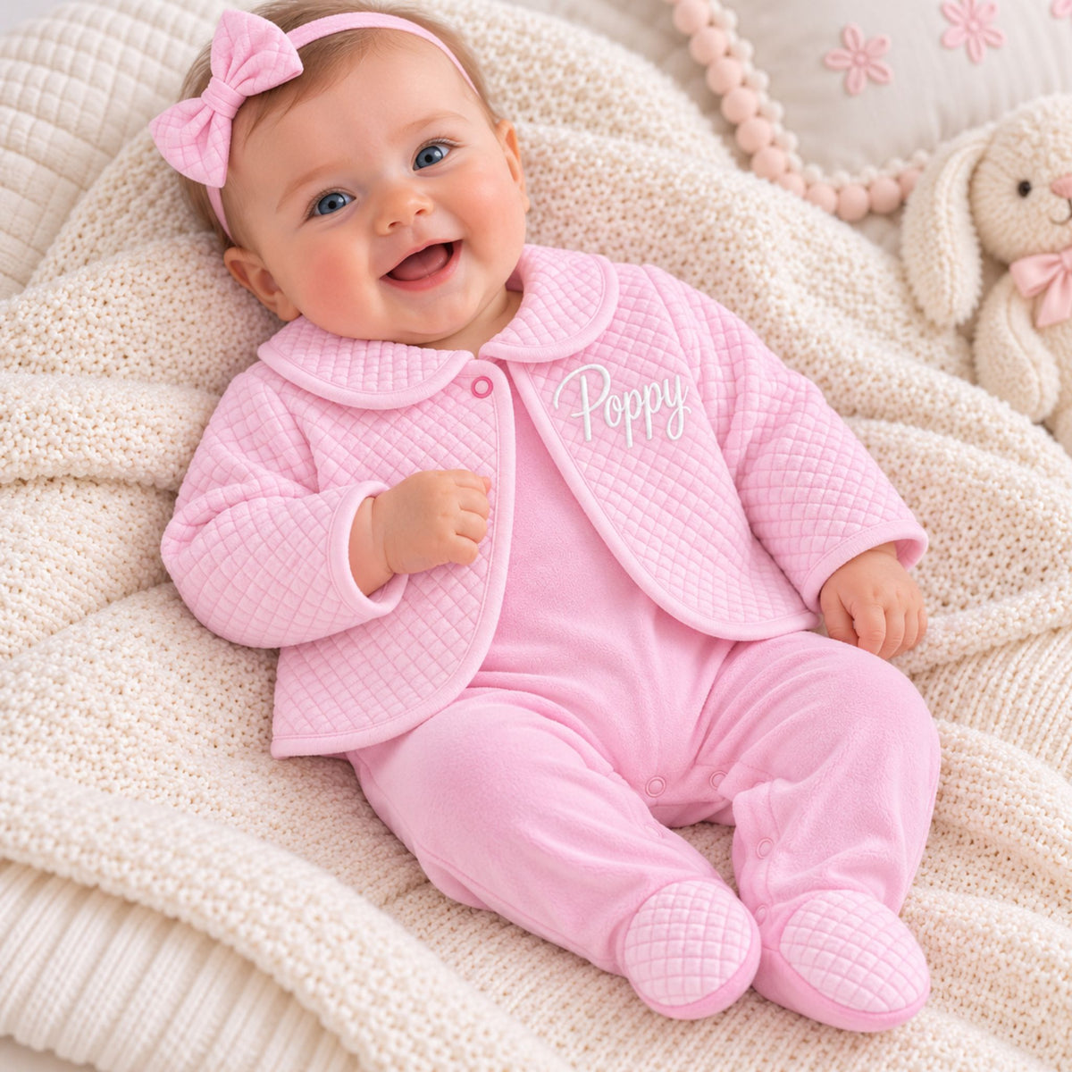Personalised baby girls pink sleepsuit and quilted jacket two-piece outfit. Name embroidered in-house with your choice of thread colour. Newborn to 3–6m.