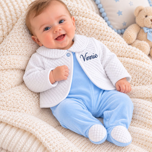 Personalised Baby Boys Blue Sleepsuit & White Quilted Jacket 2 Piece Outfit