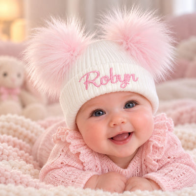 Personalised Baby Double Pom Hat - White Pink
