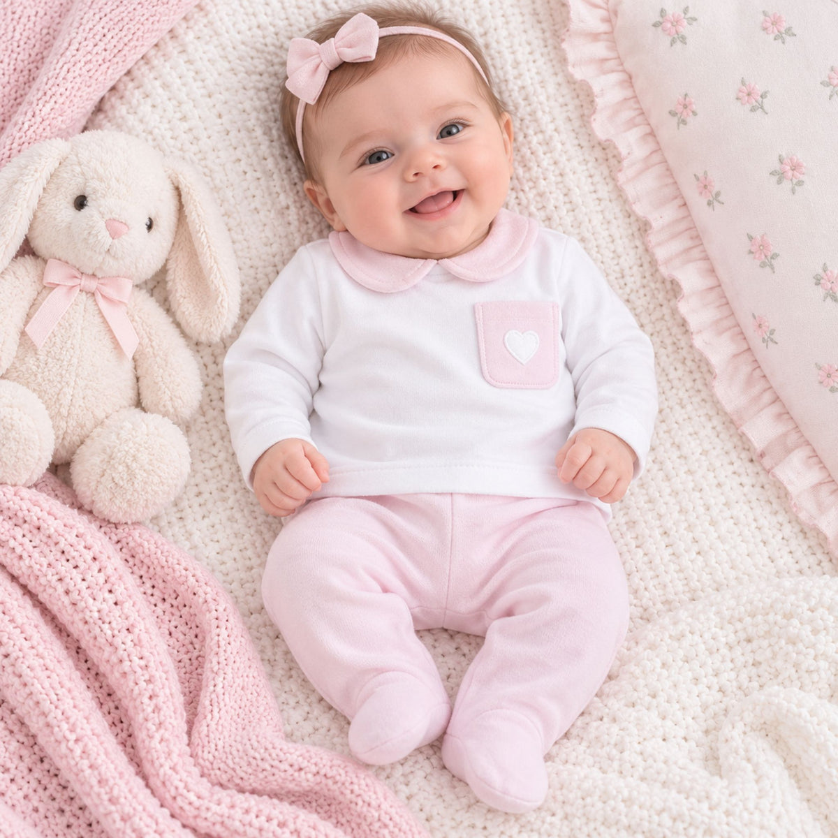 A smiling baby lying on a white knit blanket, wearing a white long-sleeve top with a pink collar and pocket, paired with pink footed pants. The baby has a pink bow headband and is surrounded by a plush bunny, a pink blanket, and a floral pillow.