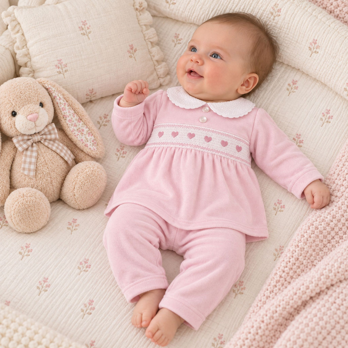 baby girl velour 2 piece outfit in pink with smocked front
