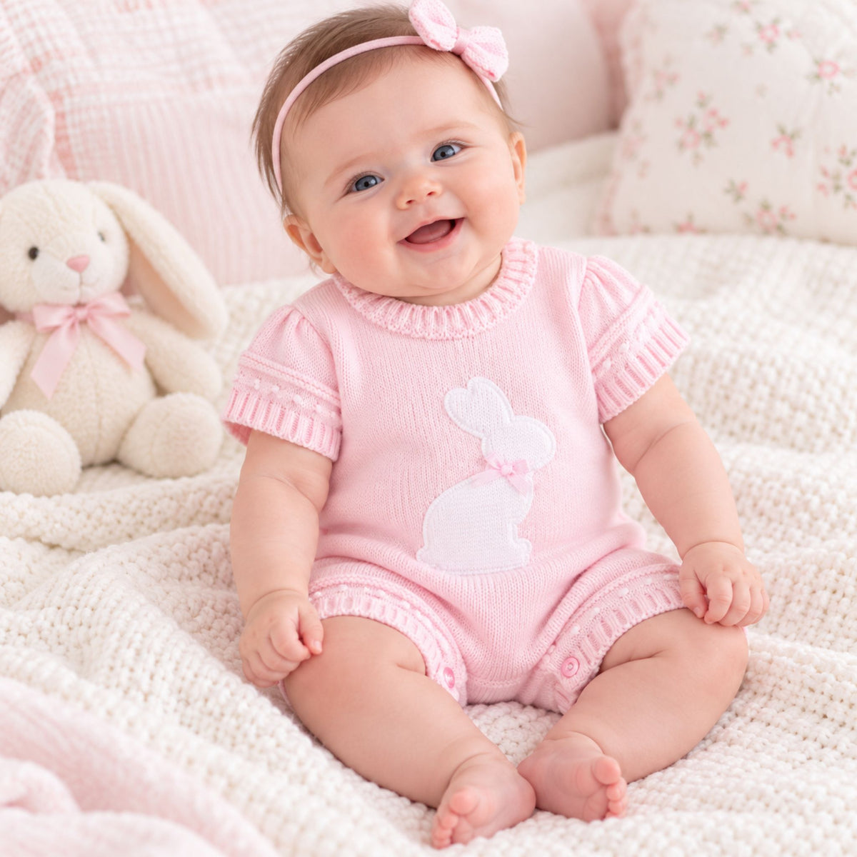baby girl pink romper with bunny by dandelion