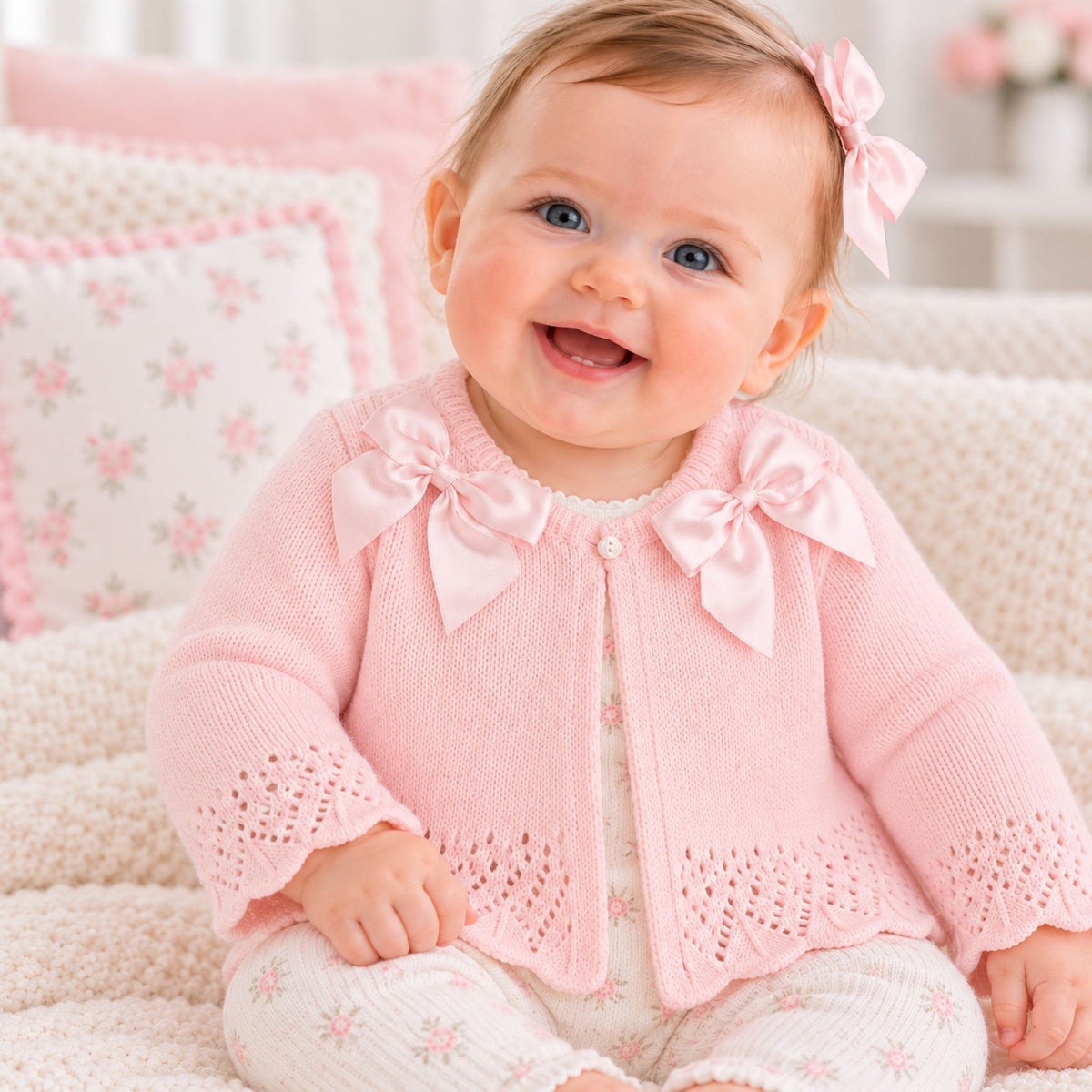 A smiling baby girl wearing a light pink knitted cardigan with large bow details on the shoulders, paired with white floral pants and a matching pink hair bow, sitting on a cozy cream-colored knitted sofa.