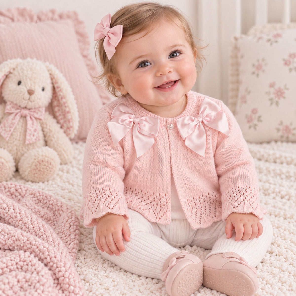 A smiling baby girl sitting on a white textured blanket, wearing a light pink knit cardigan with large satin bow details on the collar, white leggings, and pink shoes. She has a matching pink bow in her hair, with a plush bunny toy and floral pillows in the background.