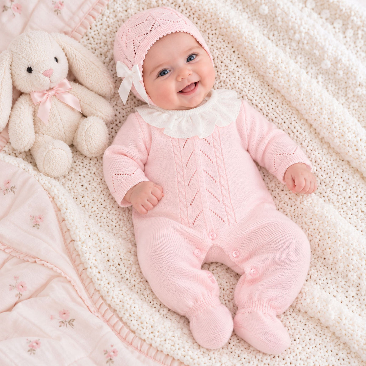 A smiling baby wearing a pink knit footed onesie with a white ruffled collar, matching pink bonnet, and white bow, lying on a cream knit blanket next to a plush bunny toy.