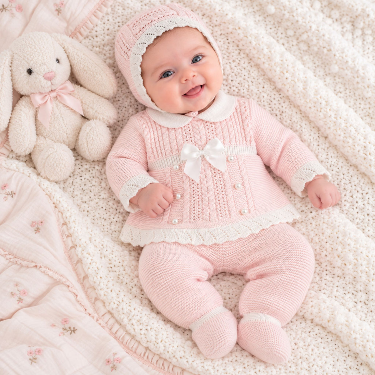 A smiling baby wearing a pink and white knitted outfit with a bonnet and booties, lying on a textured cream blanket next to a plush bunny toy.