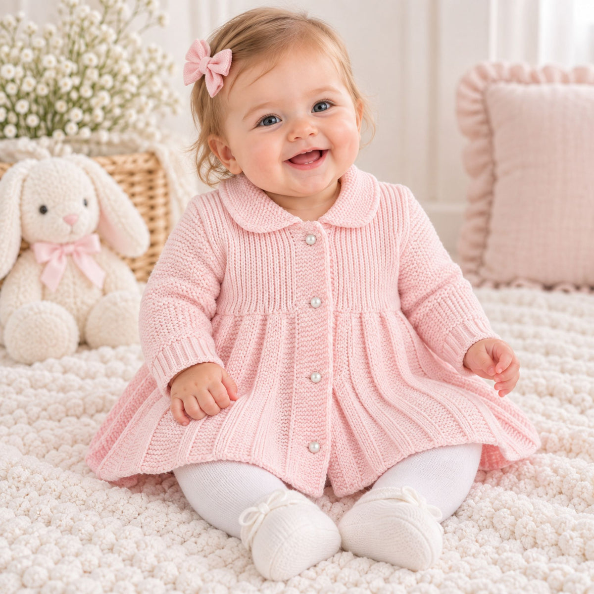 A baby girl wearing a pink ribbed knit cardigan dress with white tights and white booties, sitting on a white textured blanket in a cozy nursery setting.