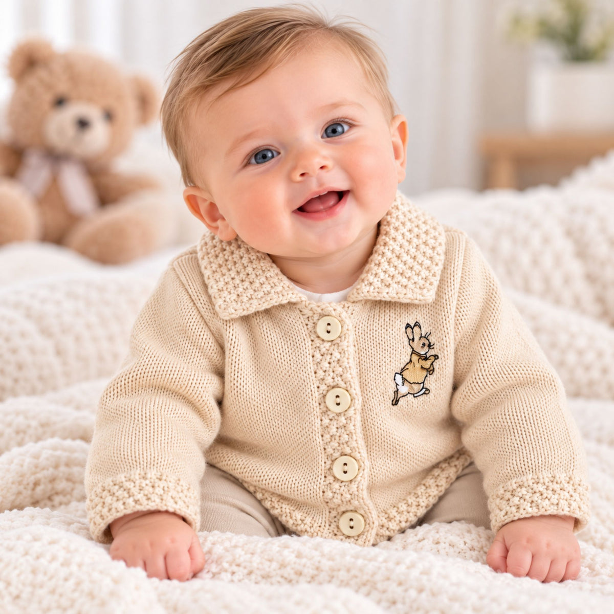baby beige cardigan with rabbit