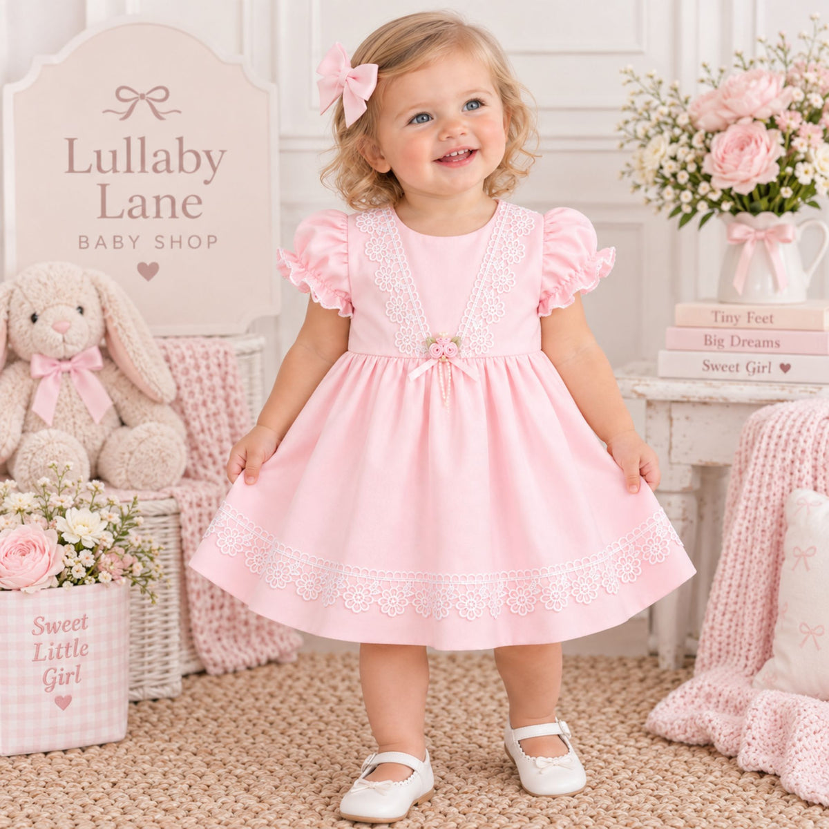 A toddler girl stands in a decorated nursery setting wearing a light pink dress with ruffled sleeves, white lace trim, and a small bow at the neckline. A pink bunny plush, flowers, books, and a sign reading 'Lullaby Lane Baby Shop' are visible around her.